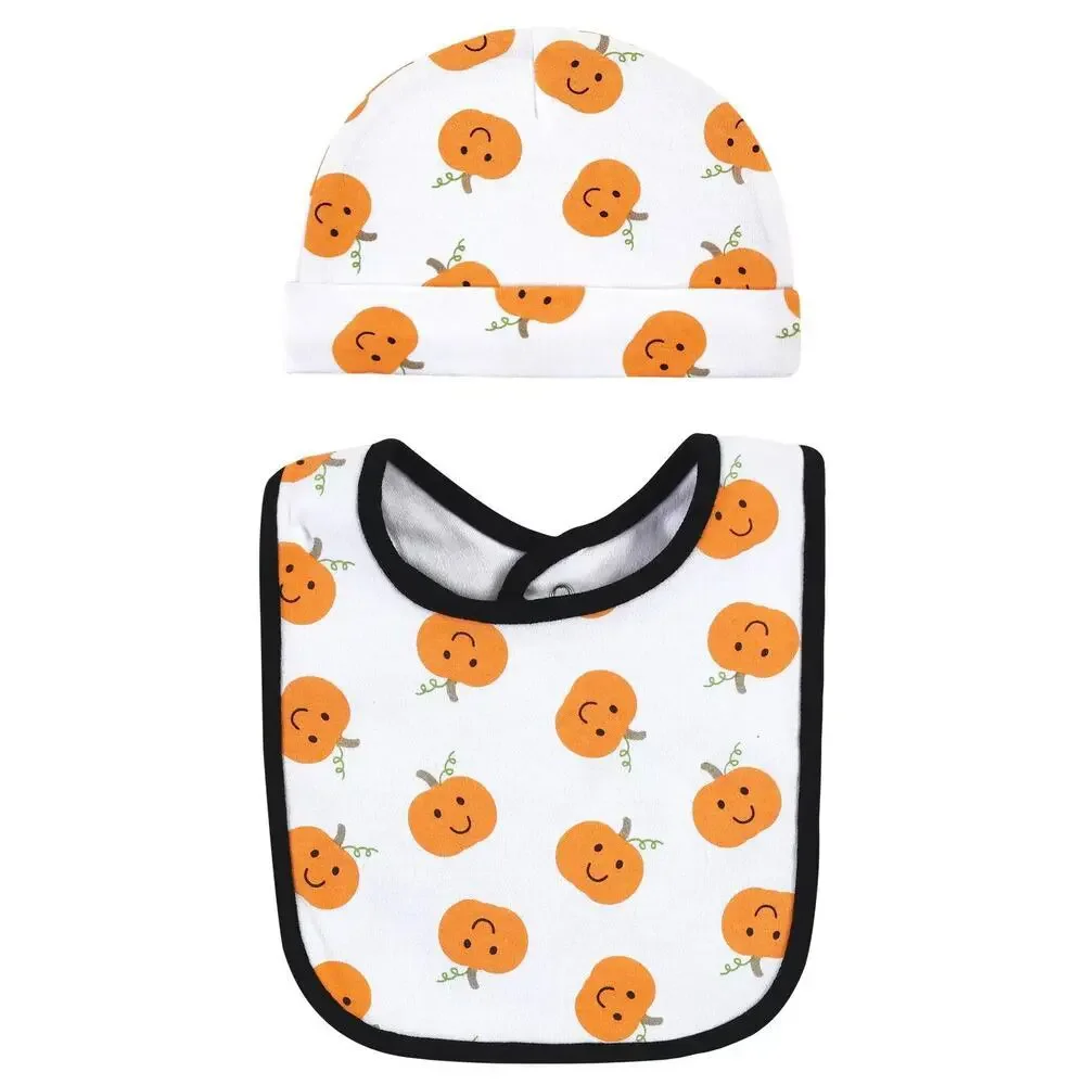 Hudson Baby Unisex Baby Cotton Bib & Headband or Caps Set Pumpkin One Size 0-6M